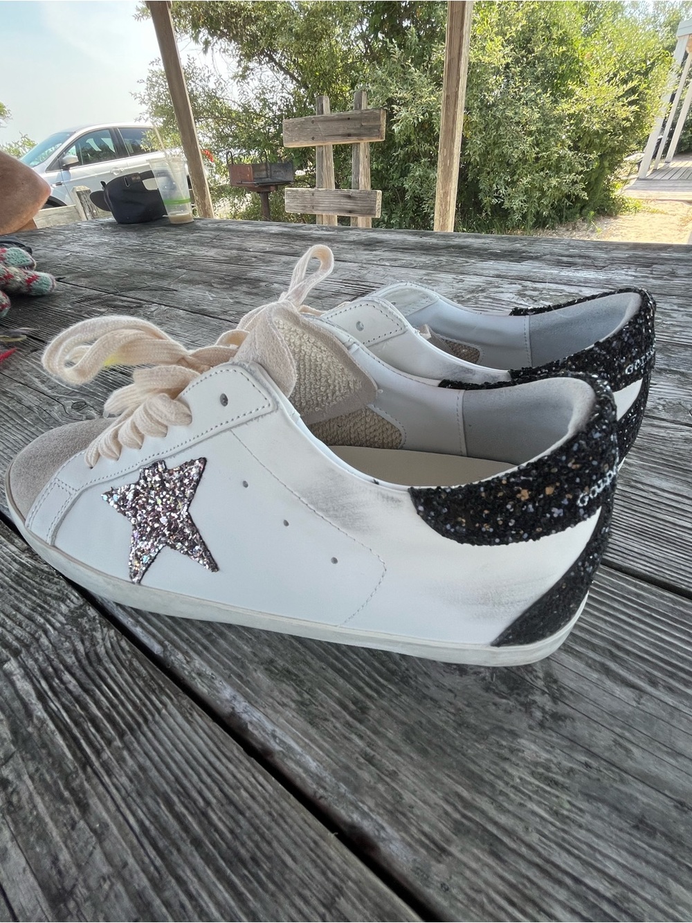 Golden Goose Cream Sneakers with Pink Glitter Star and Black Heel 10 - Picture 5 of 10